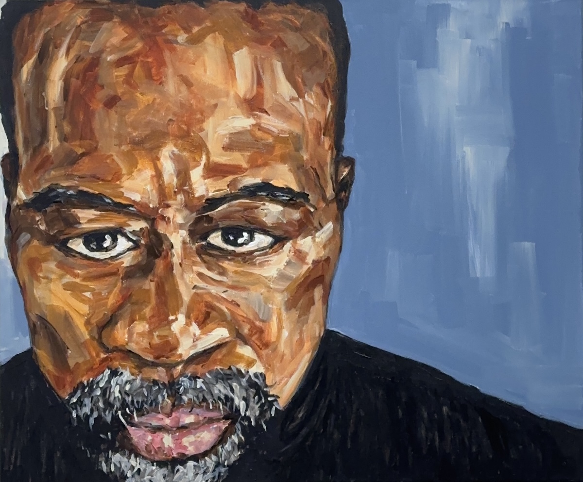 “Self Portrait in Black Sweater, Blue Wall” Allan Lane © 2025 24x20, acrylic on canvas low res