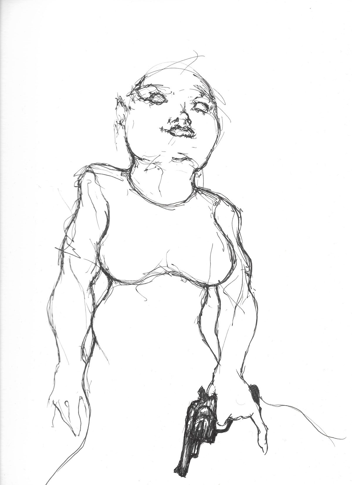 "Girl With Gun" 2002. Pen and ink on paper. 11 x 14. 